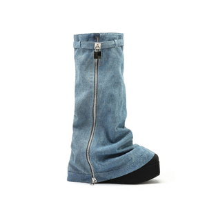 Lock Wedge Heel Platform Cowboy Botas Thigh Long Denim Chunky Fashion Wide Calf Boots for Women