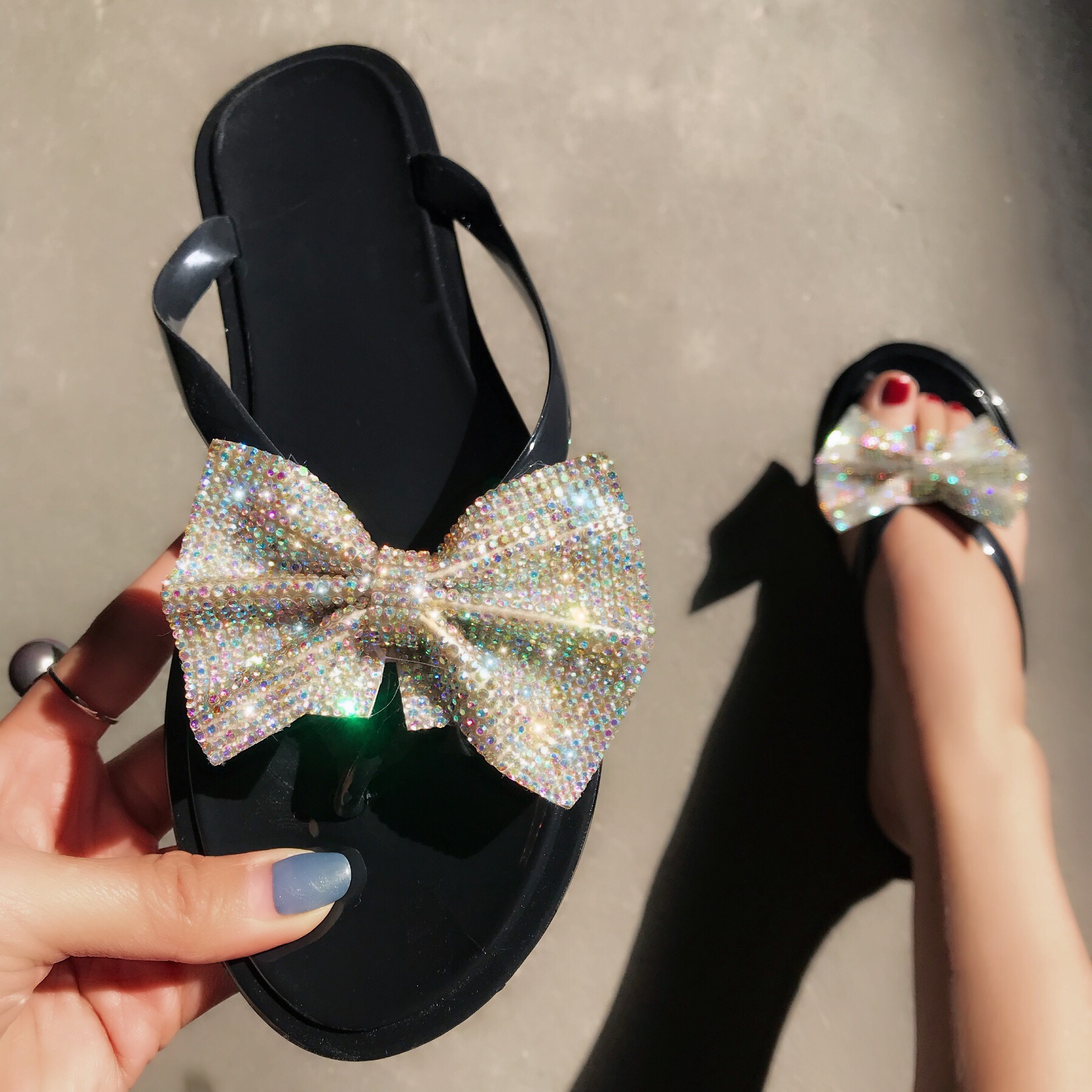 Summer Clip Toe Bow Sparkling Diamond Women Slippers Sandals Flat