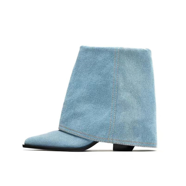 Fashion Women Shoes Pointed Toe Chunky Heel Winter Ladies Blue Denim Ankle Boots