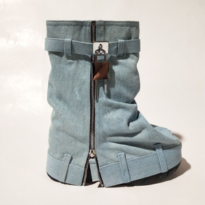 Fashion Designer Lock Platform Heels Denim Cowboy Female High Heel Boots for Women Botas De Caucho Shoes Woman Boot