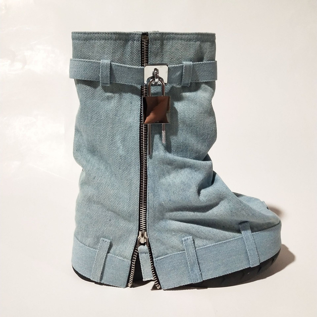 Fashion Designer Lock Platform Heels Denim Cowboy Female High Heel Boots for Women Botas De Caucho Shoes Woman Boot