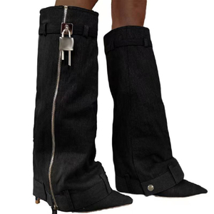 Fashion Ladies Chunky Heels Long Boots Wedge Heel Luxury Winter Round Toe Jean Denim Cowboy Boots Women Shoes Knee-high Winter