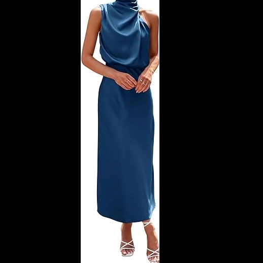Women's 2024 Summer Satin Dress Elegant Sleeveless Mock Neck Cocktail Party Maxi Dresses
