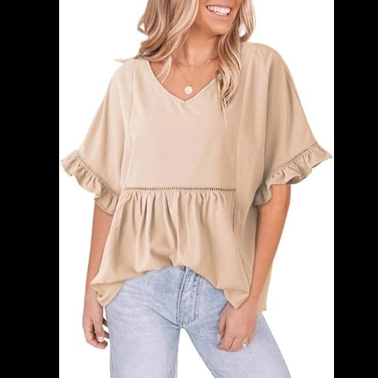 Womens Blouses Casual V Neck Ruffle Bell Half Sleeve Shirts Top