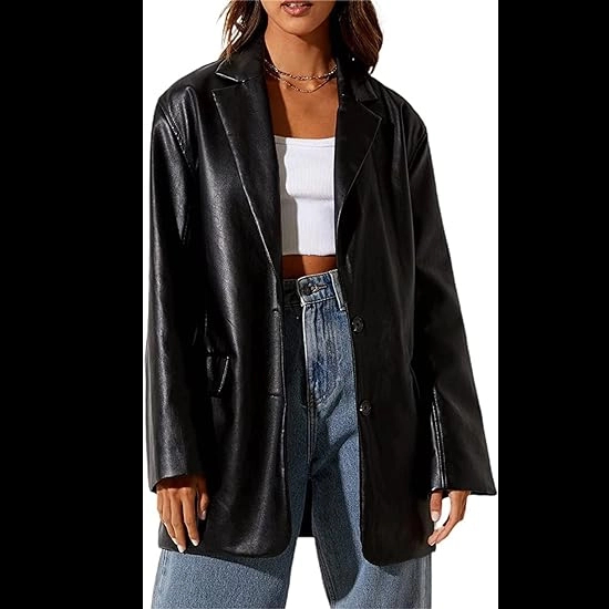Women Leather Jacket Oversized Faux Leather Blazer Button Down Lapel Coat with Pockets Vintage Streetwear