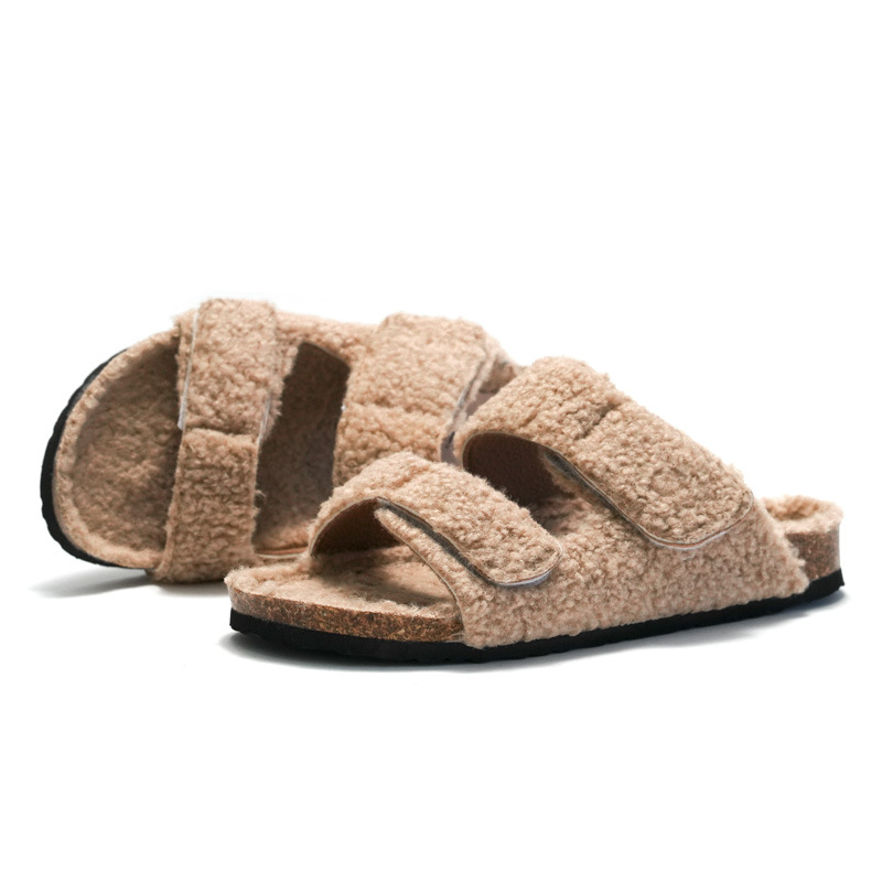 Comfortable Plush Fur Cork Foot-bed Women's Flat Sandals