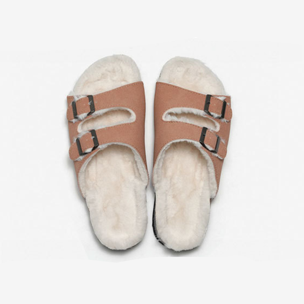 Autumn Winter New Fleece Slippers Women Cork Slippers Warm Men's Sandals Outdoor Suede Leather Double Buckled Open Toe Slippers