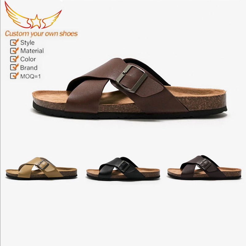 Men Cork Non-slip Sandals Cross Strap Male Fashion Beach Casual Shoes Summer Solid Color Flat Slippers for Men Rubber