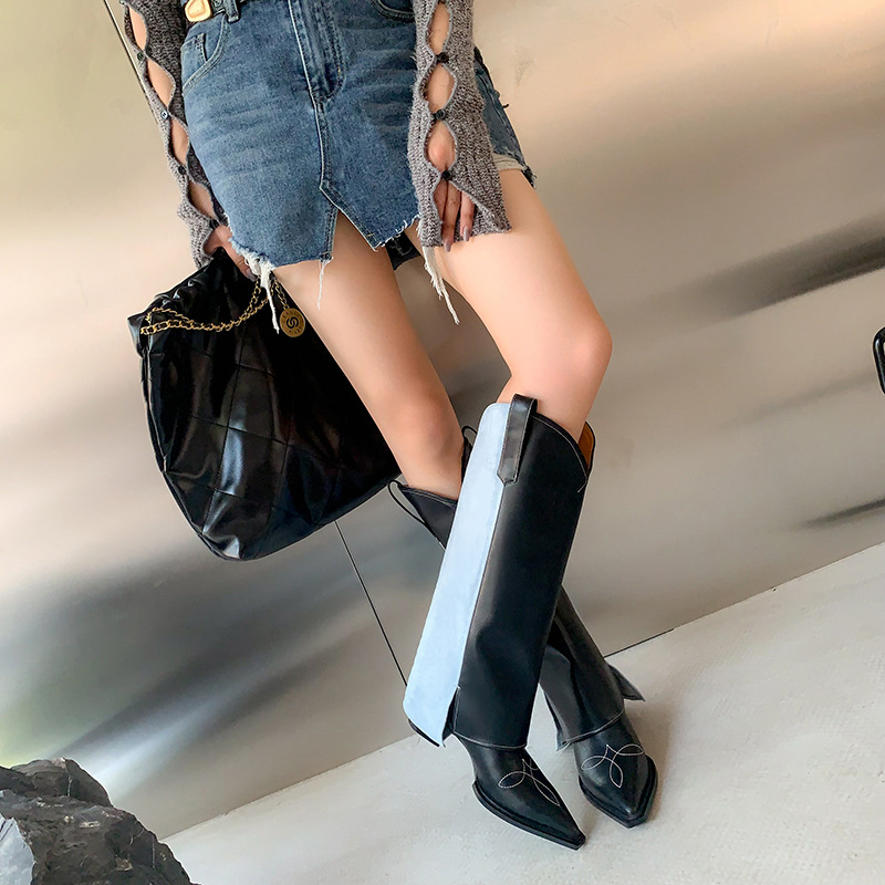 Leather Boots Women Knee-high Boots Botas De Moto Black Botas Moto Motocross Long Boots for Women