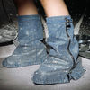 Wedge Metal Zipper Round Toe Slip On Calf Boot Sexy Diamond Rhinestone denim cowboy boots women shoes knee-high over-the-knee