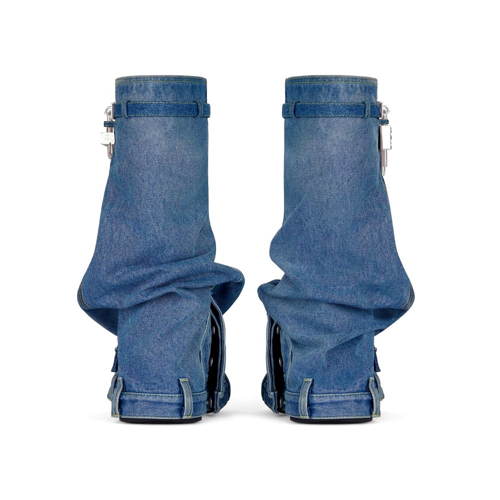 Metallic Lock Zipper Thick Soles Women Round Toe Slip-on Party Shoes Cowboy Denim Knee High Boots