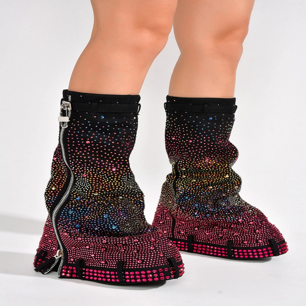Wedge Metal Zipper Round Toe Slip On Calf Boot Sexy Diamond Rhinestone denim cowboy boots women shoes knee-high over-the-knee