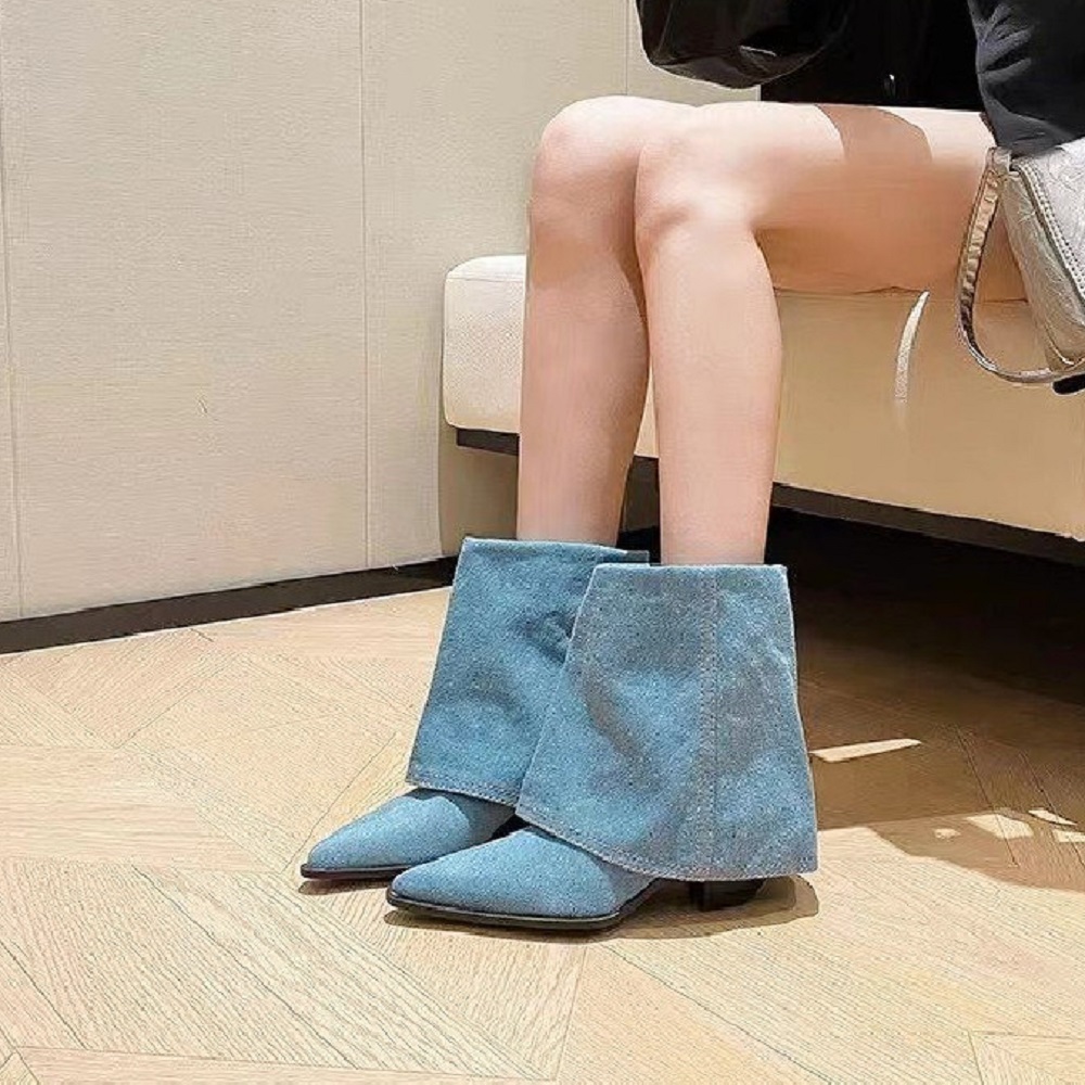 Fashion Women Shoes Pointed Toe Chunky Heel Winter Ladies Blue Denim Ankle Boots