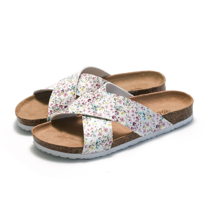 Women's Cork Slippers Cross Strap Breathable Light Flat Sandals Floral Design China Slippers
