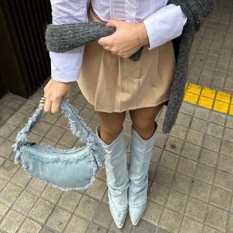 Denim Boots Western Light Blue High Heel Vintage Pointed Pile Up Tassel Short Cowboy Boots
