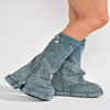Wedge Metal Zipper Round Toe Slip On Calf Boot Sexy Diamond Rhinestone denim cowboy boots women shoes knee-high over-the-knee