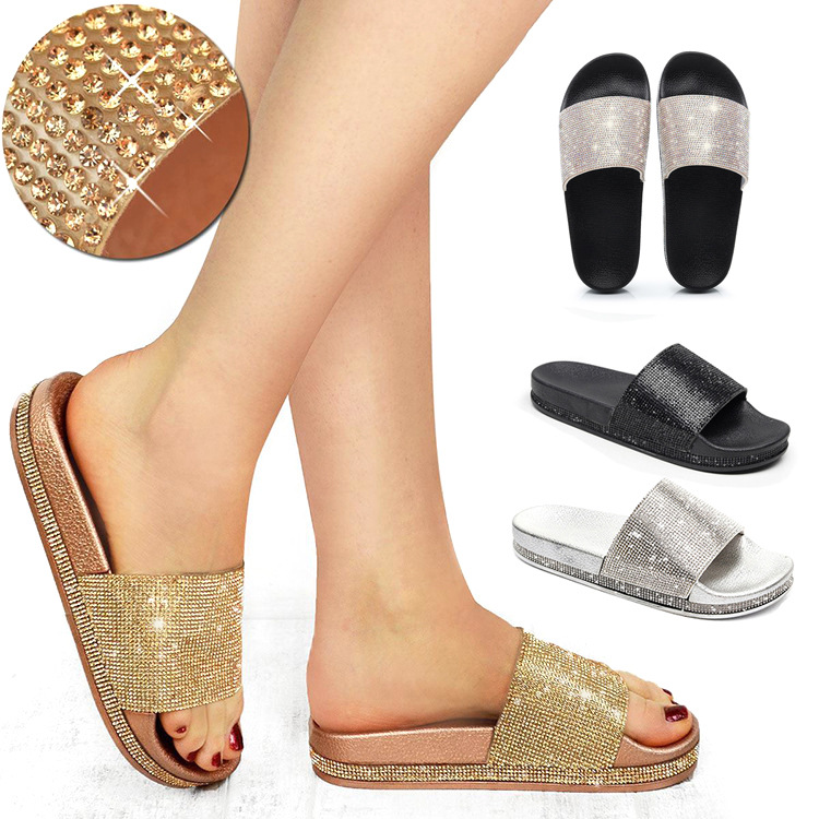 Design Flat Shoes Summer Casual Rhinestone Lady Woman Slipper Crystal