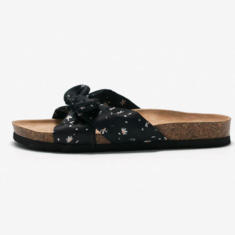Ladies Fashion Trend Print Bow Beach Cork Slippers Breathable Cool Student Women Flat Sandals
