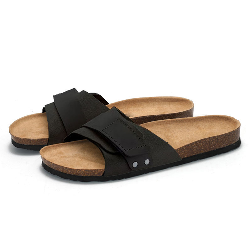 Fashion Solid Color Cork Bottom Beach Open Toe Strap Men's Summer Cork Leather Sole Slippers Sole Flat Sandals