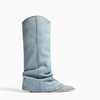 Denim Boots Western Light Blue High Heel Vintage Pointed Pile Up Tassel Short Cowboy Boots