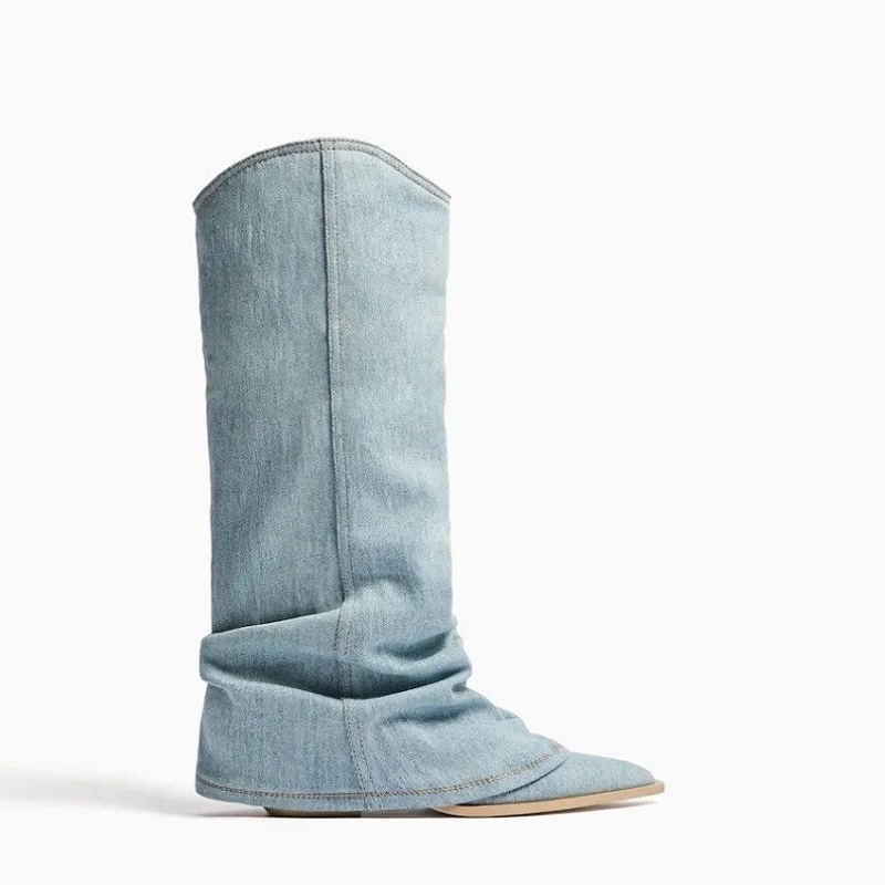 Denim Boots Western Light Blue High Heel Vintage Pointed Pile Up Tassel Short Cowboy Boots