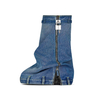 Metallic Lock Zipper Thick Soles Women Round Toe Slip-on Party Shoes Cowboy Denim Knee High Boots
