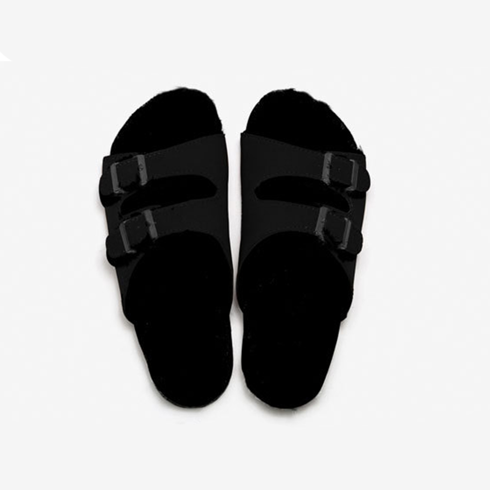 Autumn Winter New Fleece Slippers Women Cork Slippers Warm Men's Sandals Outdoor Suede Leather Double Buckled Open Toe Slippers