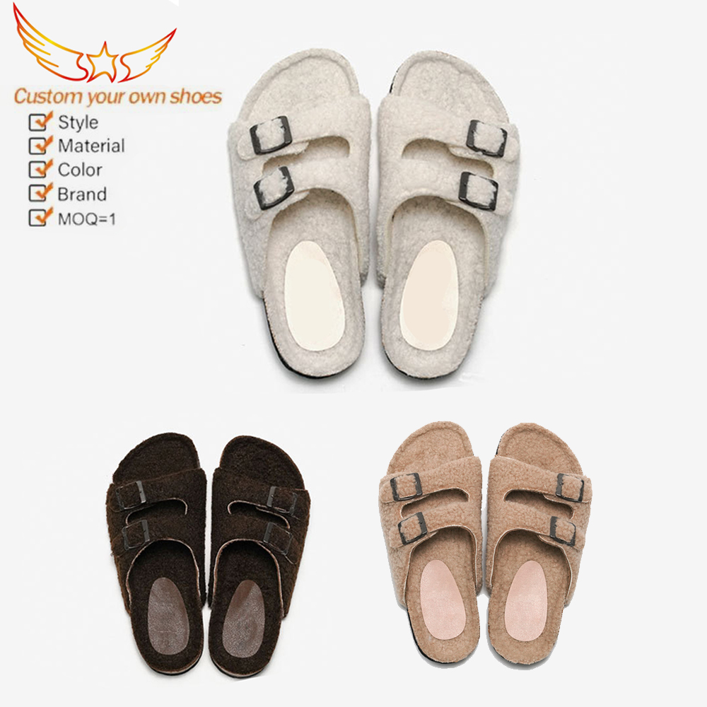 Faux Fur Slippers New Autumn And Winter Cork Slippers Women Lamb Uppers Warm Outer Wear Beach Shoes