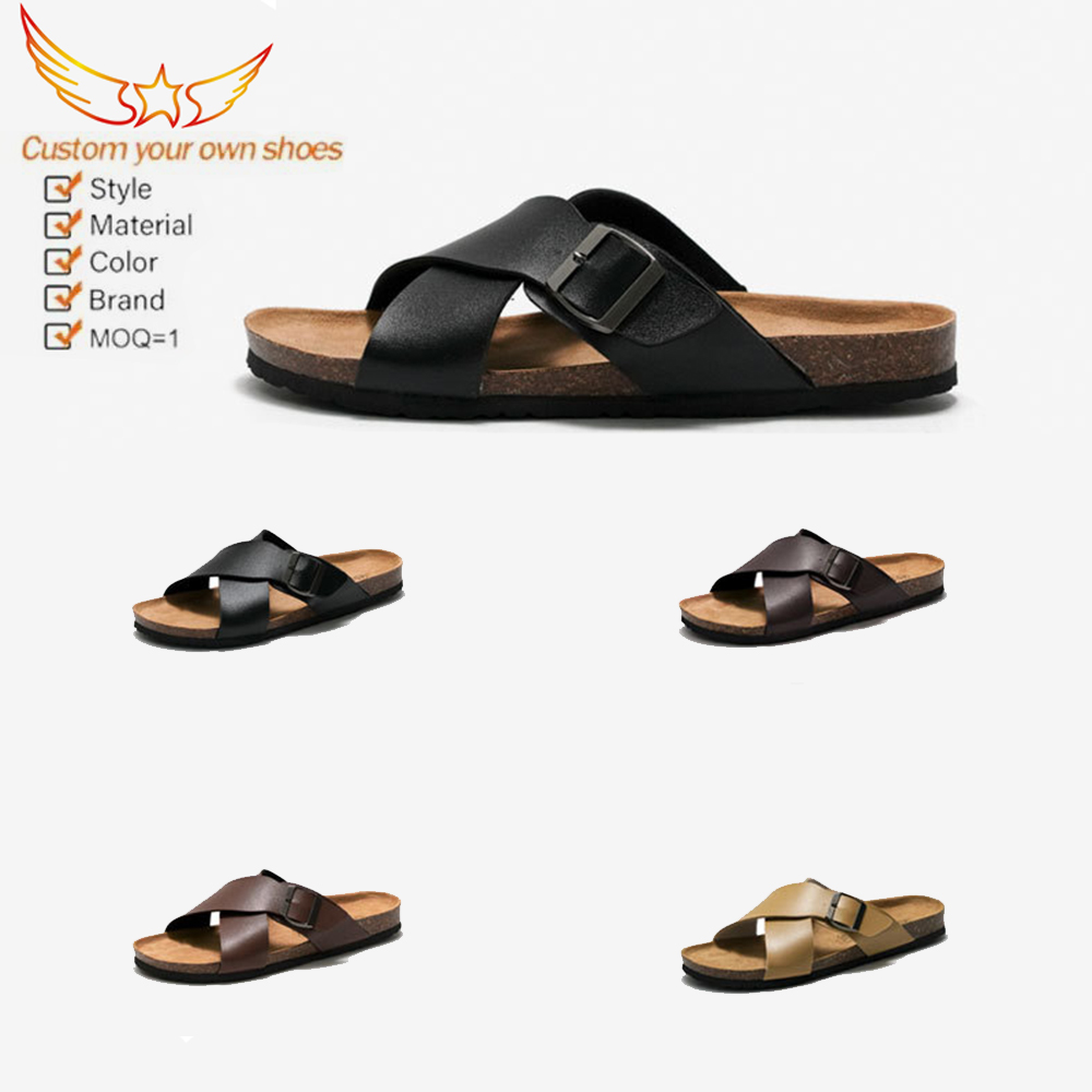Beach Cross Band Causal Buckle Strap Flats Slippers Men's Sandals For Indoor Outdoor Cork Slides