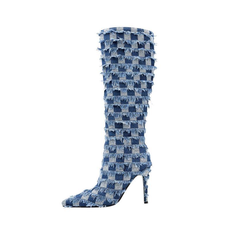 Denim Cowboy Boot Shoes for Women Botas Altas Hasta La Rodilla Botas Largas Para Mujer Long Boots for Women with Heels