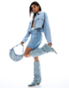 Denim Boots Western Light Blue High Heel Vintage Pointed Pile Up Tassel Short Cowboy Boots