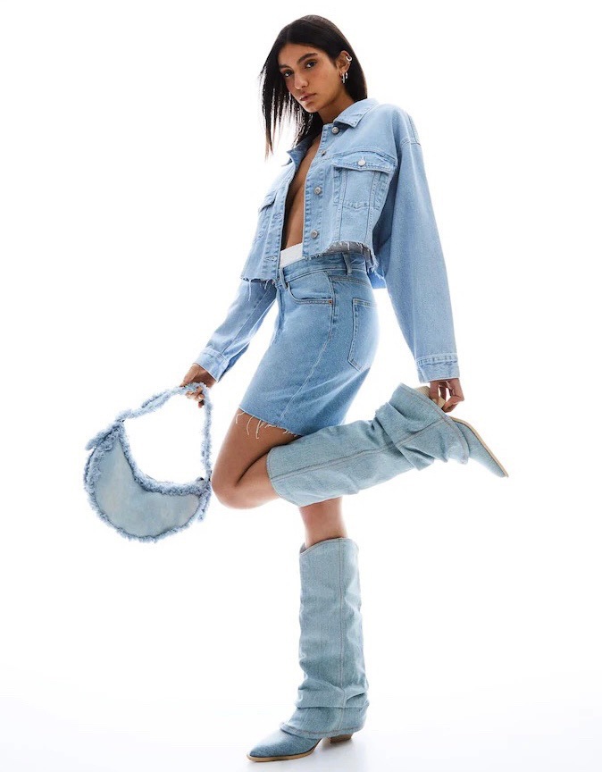Denim Boots Western Light Blue High Heel Vintage Pointed Pile Up Tassel Short Cowboy Boots