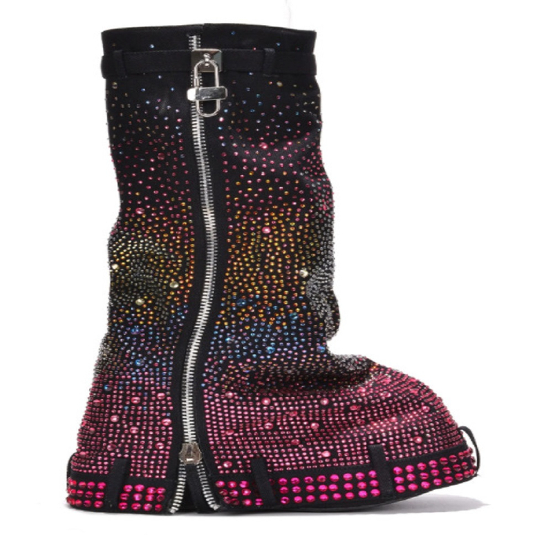 Wedge Metal Zipper Round Toe Slip On Calf Boot Sexy Diamond Rhinestone denim cowboy boots women shoes knee-high over-the-knee