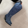 Western Wedge Heel Long Thick Heel Pointed Toe Women Denim Cowboy Boots Women Shoes Knee-high