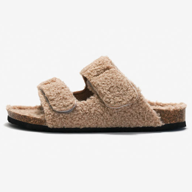 Comfortable Plush Fur Cork Foot-bed Women's Flat Sandals