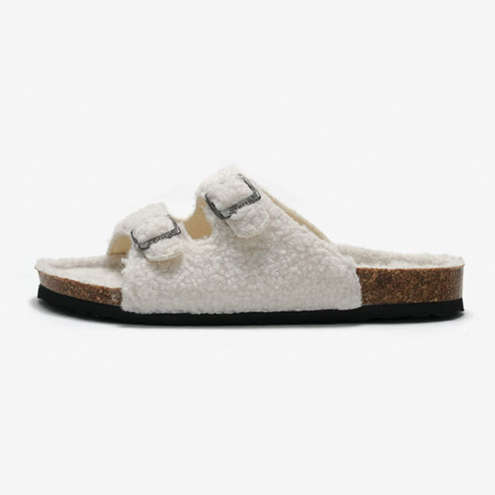 Faux Fur Slippers New Autumn And Winter Cork Slippers Women Lamb Uppers Warm Outer Wear Beach Shoes