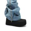 Lock Wedge Heel Platform Cowboy Botas Thigh Long Denim Chunky Fashion Wide Calf Boots for Women