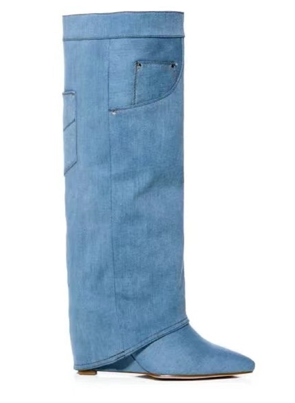 Wedge Heel Pointed Toe Denim Cowboy Knee High Long Boots Women Knee Botas Altas Shoes Custom Boots Button Booties for Women Girl