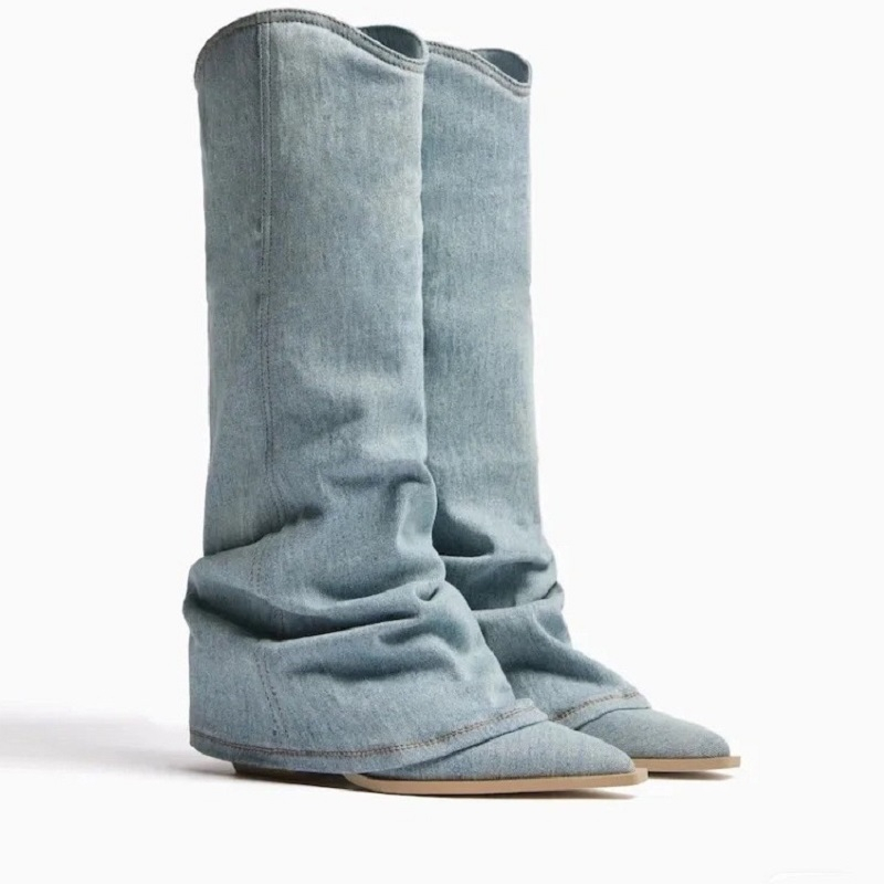 Denim Boots Western Light Blue High Heel Vintage Pointed Pile Up Tassel Short Cowboy Boots