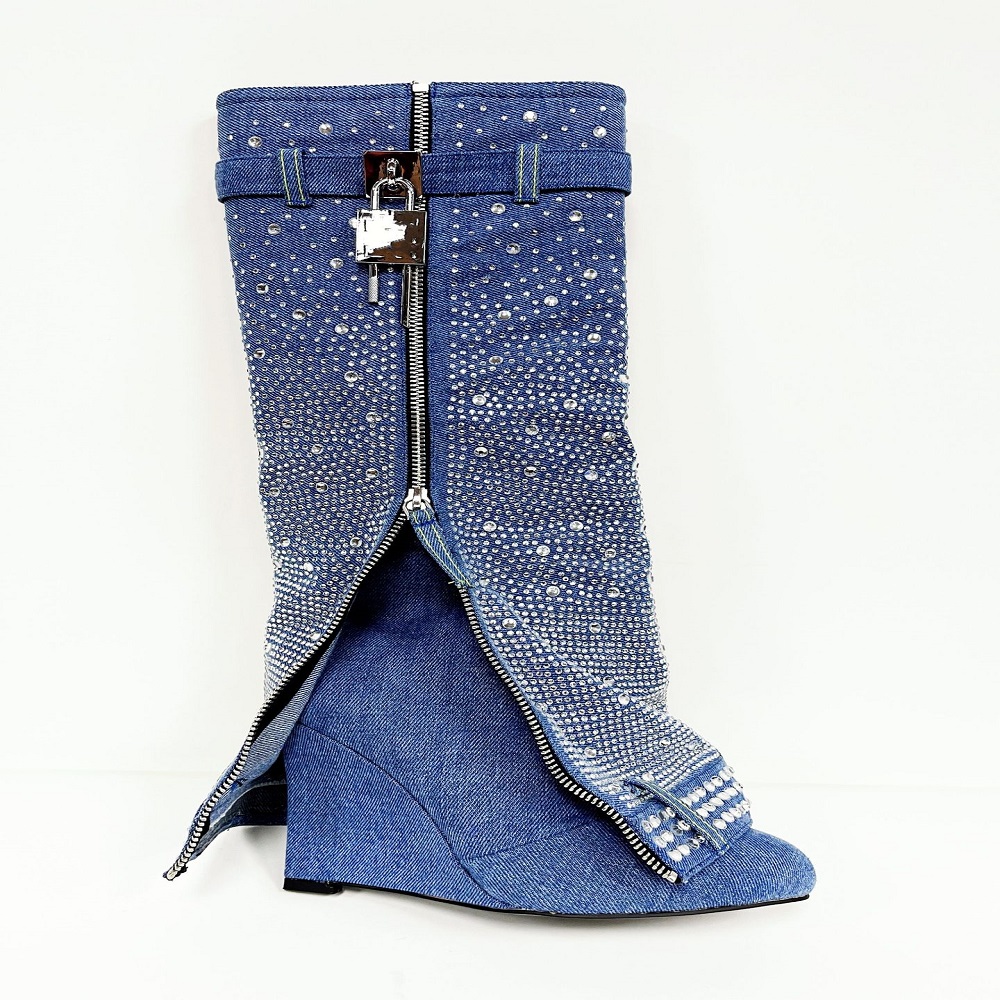Diamond Rhinestone Denim Cowboy Botas Zapatos De Mujer Ladies Thigh High Boots Chelsea Boots Botas Winter Boots for Women