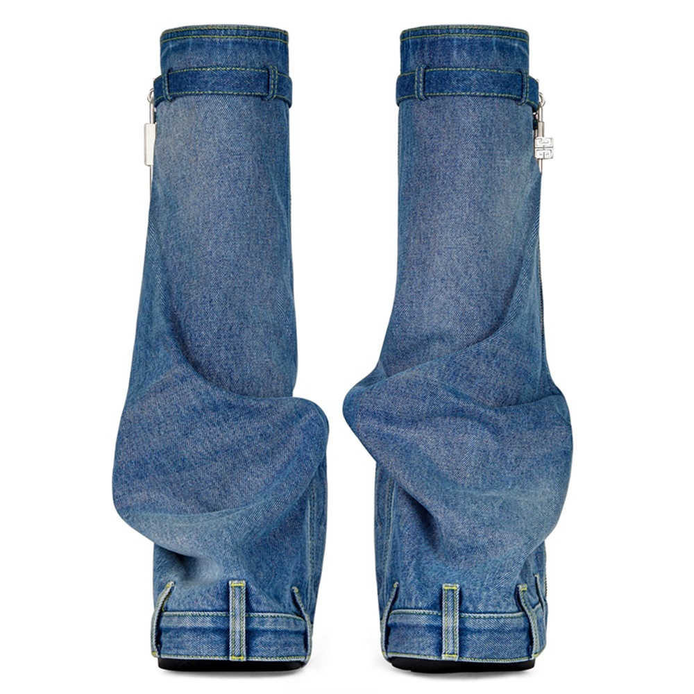 Metallic Lock Zipper Thick Soles Women Round Toe Slip-on Party Shoes Cowboy Denim Knee High Boots