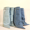 Fashion Ladies Chunky Heels Long Boots Wedge Heel Luxury Winter Round Toe Jean Denim Cowboy Boots Women Shoes Knee-high Winter