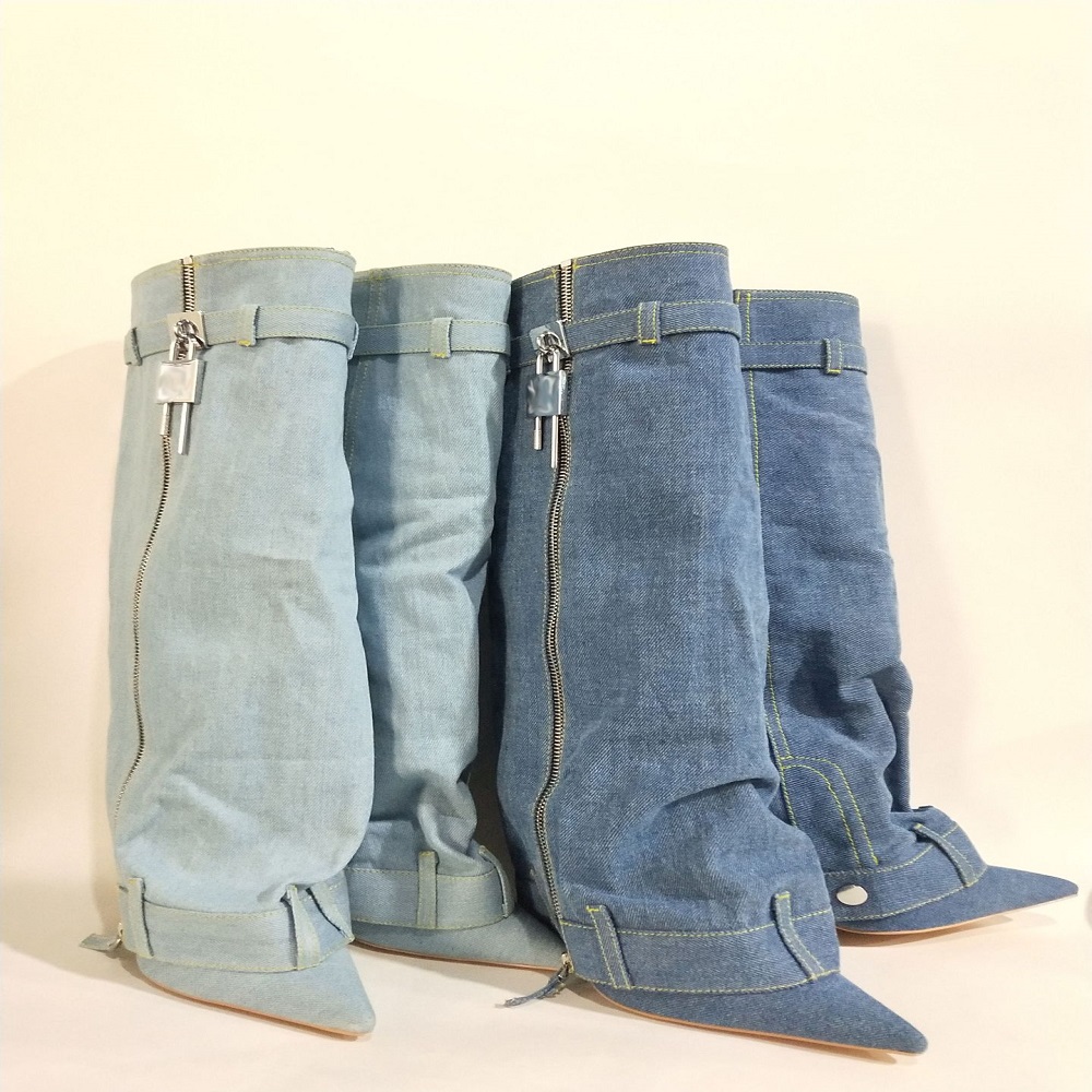 Fashion Ladies Chunky Heels Long Boots Wedge Heel Luxury Winter Round Toe Jean Denim Cowboy Boots Women Shoes Knee-high Winter