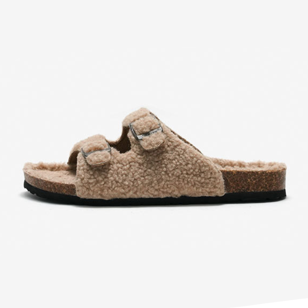Faux Fur Slippers New Autumn And Winter Cork Slippers Women Lamb Uppers Warm Outer Wear Beach Shoes
