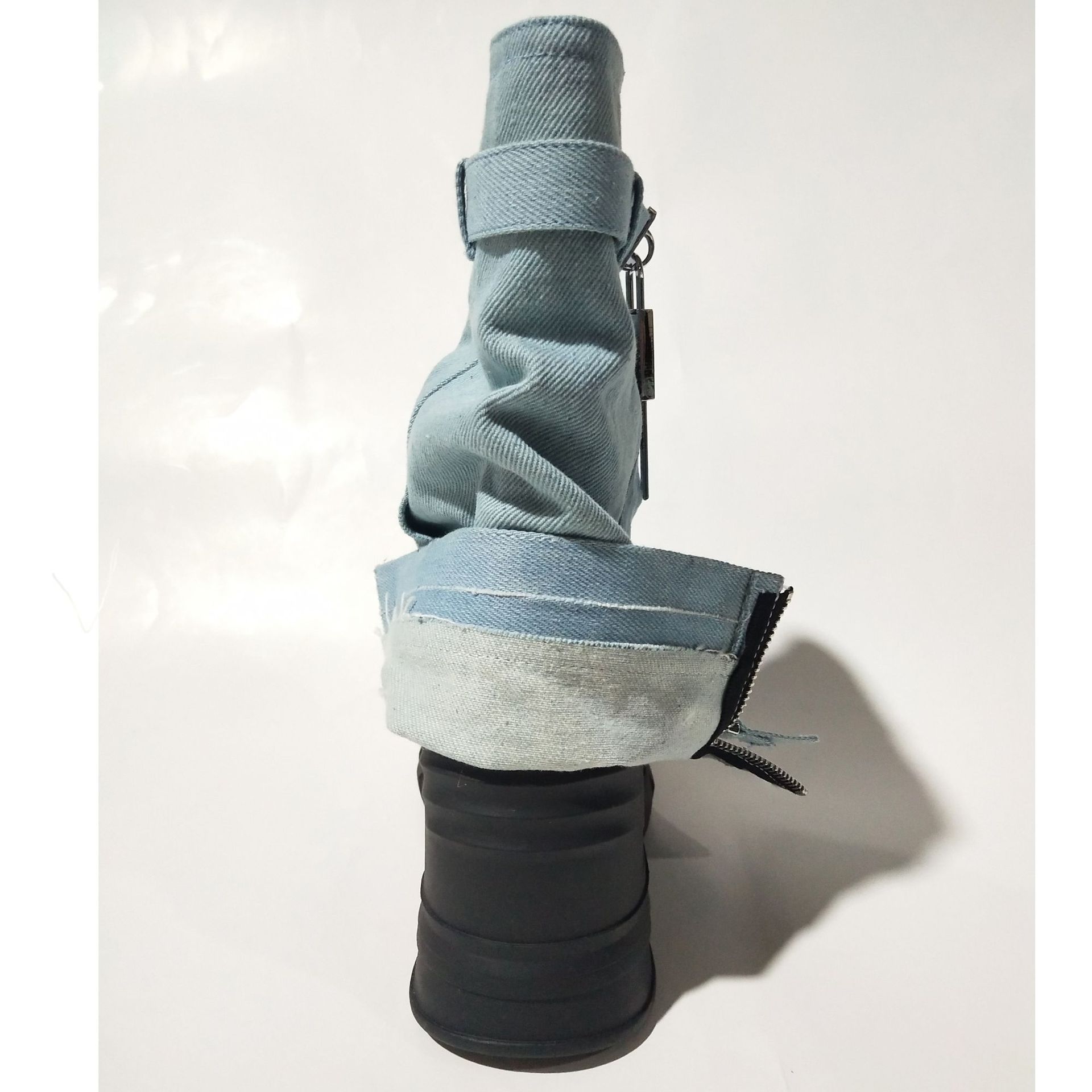 Fashion Designer Lock Platform Heels Denim Cowboy Female High Heel Boots for Women Botas De Caucho Shoes Woman Boot
