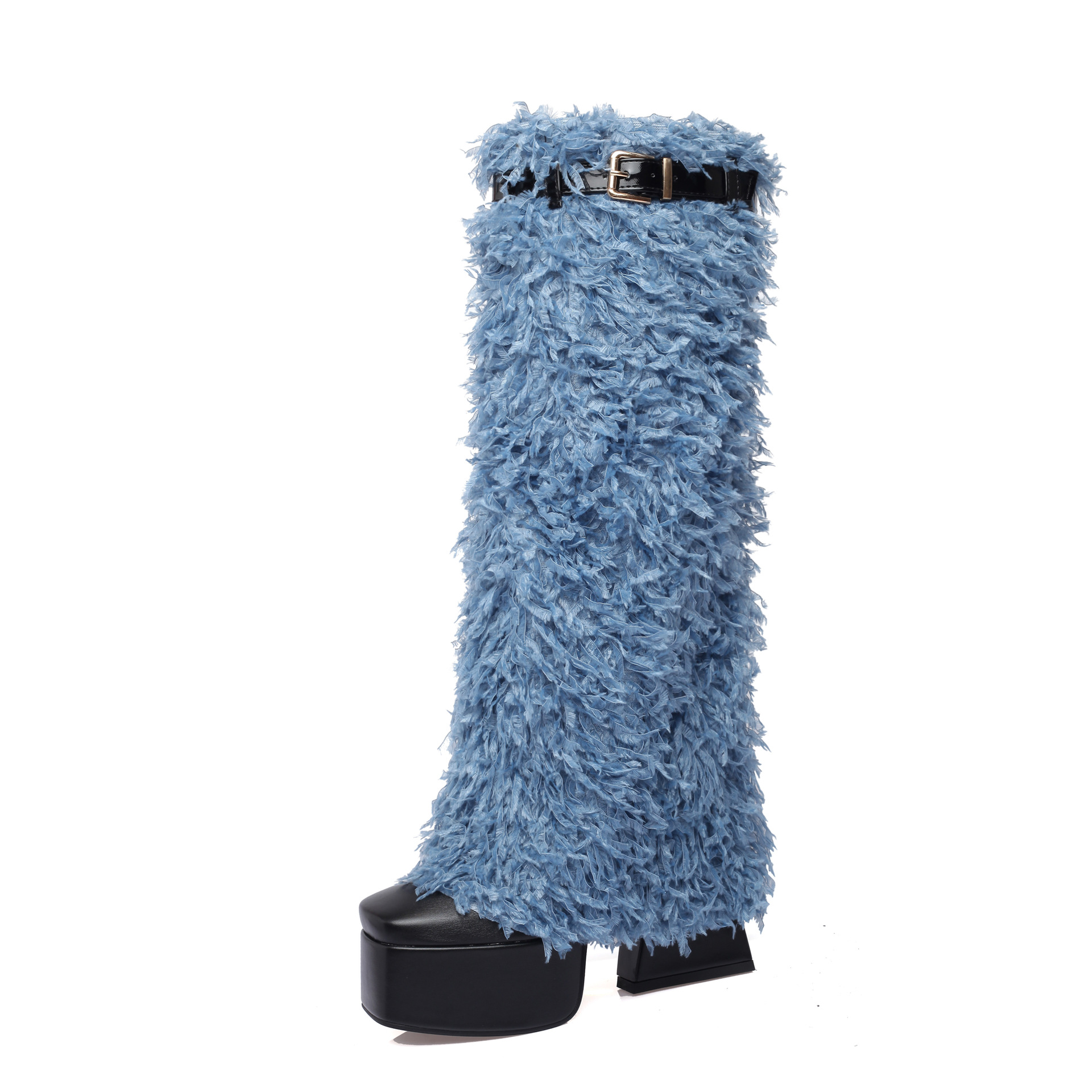Denim Cowboy Motorcycle Botas Altas Hasta El Muslo Leather Boots Mujer Women Fur Boots Knee-high