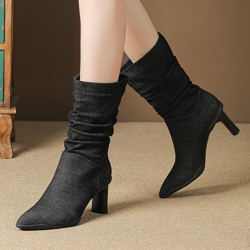 New Fashion High Women Boots High Heels Pointed Toe Woman Knee High Boots Lady Sexy Denim Cowboy Boots
