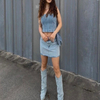 Denim Boots Western Light Blue High Heel Vintage Pointed Pile Up Tassel Short Cowboy Boots