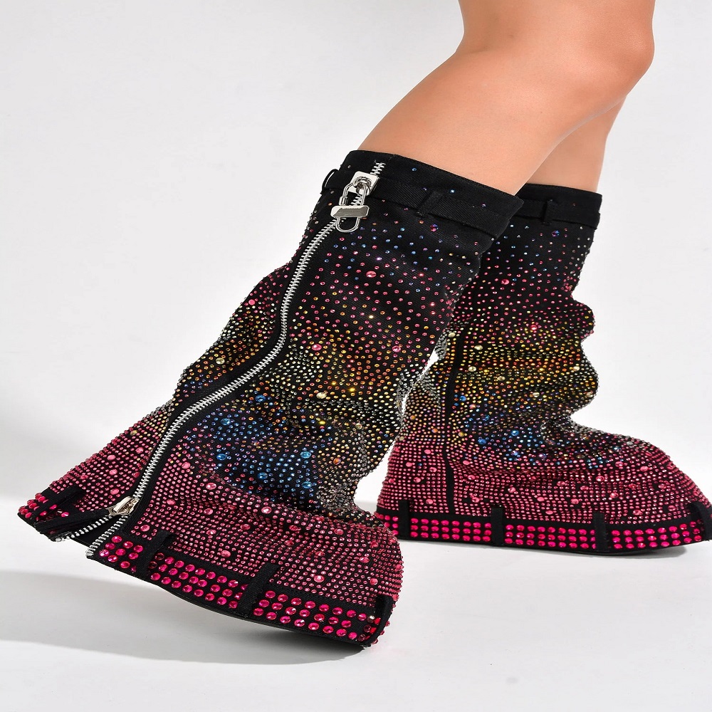 Wedge Metal Zipper Round Toe Slip On Calf Boot Sexy Diamond Rhinestone denim cowboy boots women shoes knee-high over-the-knee