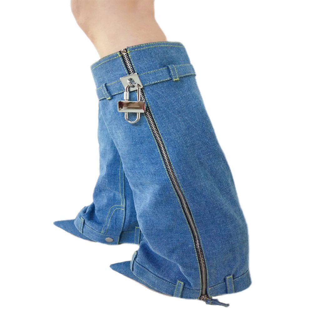 Fashion Ladies Chunky Heels Long Boots Wedge Heel Luxury Winter Round Toe Jean Denim Cowboy Boots Women Shoes Knee-high Winter